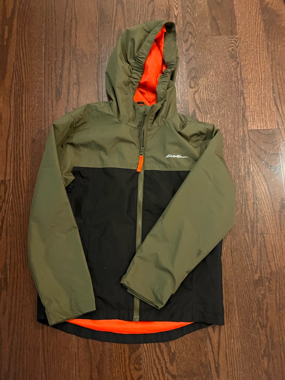 Eddie Bauer Olive Green & Black Hooded Raincoat with Orange Lining